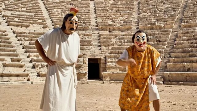 Ancient Greek theater rehearsal actors practicing masks on stage.