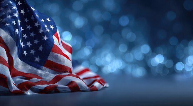 Waving American flag with blurred blue bokeh lights background