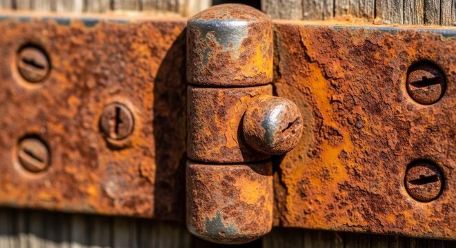 Rusty old metal hinge close-up.