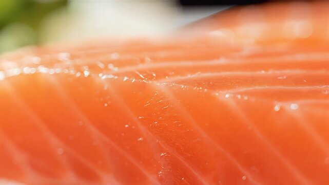 Vibrant raw salmon fillet close-up, glistening with moisture and pristine orange texture. Static cinematic shot symbolizing freshness, healthy eating
