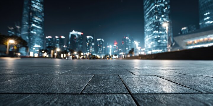 Nighttime cityscape with glowing skyscrapers and paved ground