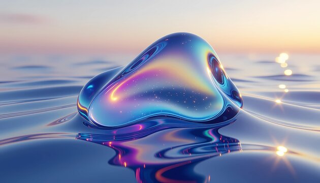 Abstract iridescent fluid object in sunset sky