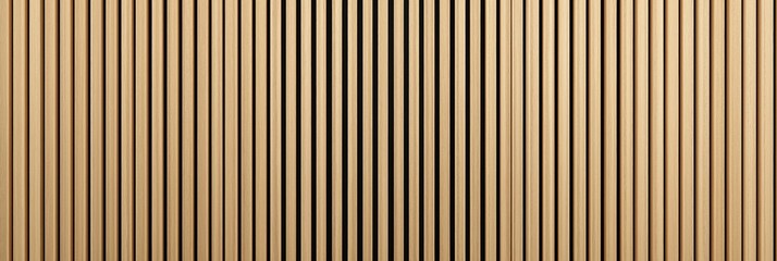 Obraz premium Wooden slatted wall acoustic panel background texture. Vertical wooden slats creating a minimalistic decorative and soundproofing wall panel