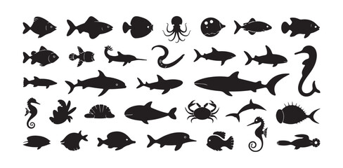 Marine life silhouettes set featuring tropical fish seahorses sharks and underwater nature shapes © FARJANAAKTER