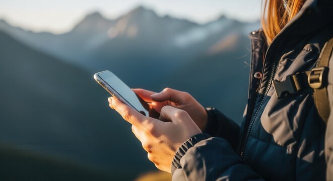 Hiker woman holding smartphone against scenic mountain range at sunset. Using mobile app for navigation or photography during travel adventure. Technology in nature concept.