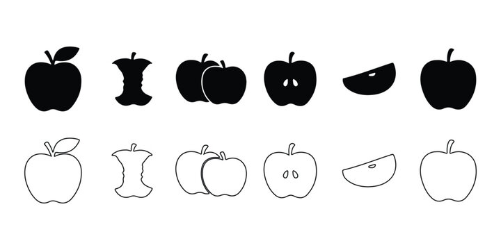 Apple fruit icon set with whole core slice and outline silhouettes