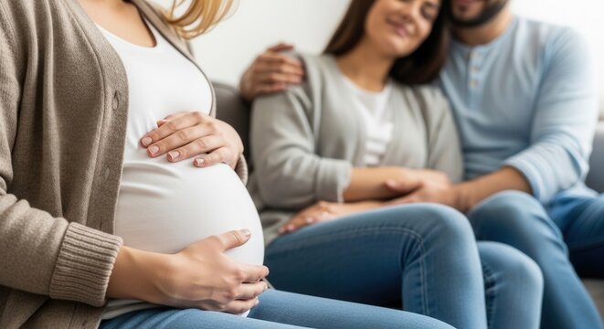 Surrogate mother holding her belly with happy couple on background. Concept of surrogacy program, pregnancy, new life and family happiness. Supportive environment at home.