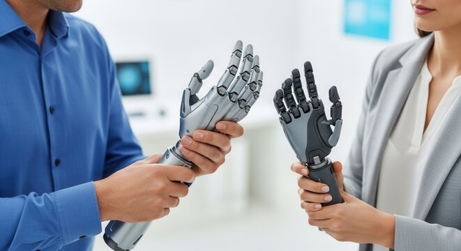 Close-up of doctors holding advanced robotic arm prosthetics, medical experts evaluating bionic limb technology for rehabilitation, innovation in healthcare and prosthetic manufacturing.