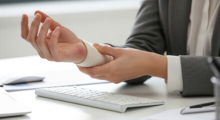 Obraz premium Close up of office worker in suit holding injured wrist with elastic bandage. Concept of repetitive strain injury, carpal tunnel, and medical insurance for employees.