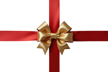 Realistic gold bow with red ribbon decoration creating a festive gift wrap, isolated on transparent background
