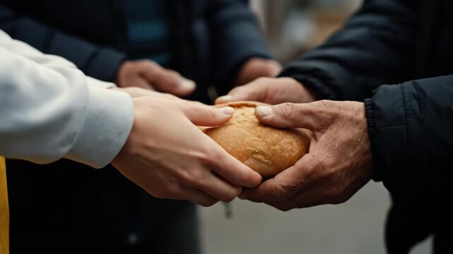 A young volunteer gives a fresh bread roll to the hands of a poor elderly person. A close up showing the concept of charity, compassion, and support for the homeless