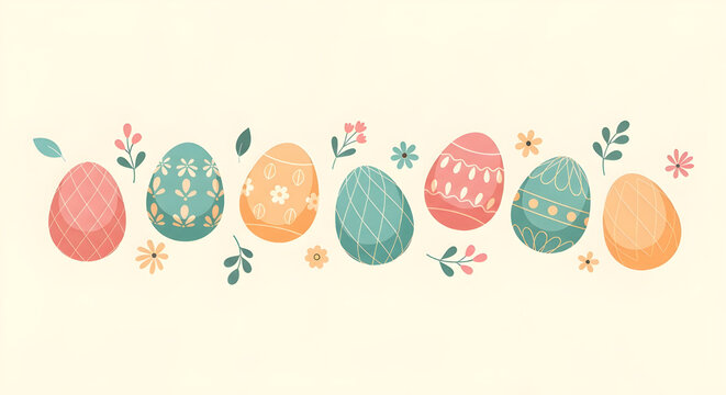Pastel Easter egg ornament border with floral elements in a soft spring palette. Minimal flat illustration perfect for Easter banners, greeting cards, posters, invitations, and seasonal designs.