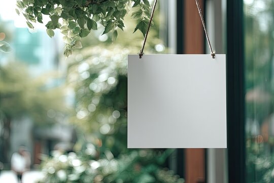 Blank sign hangs from green foliage outdoors, inviting messages