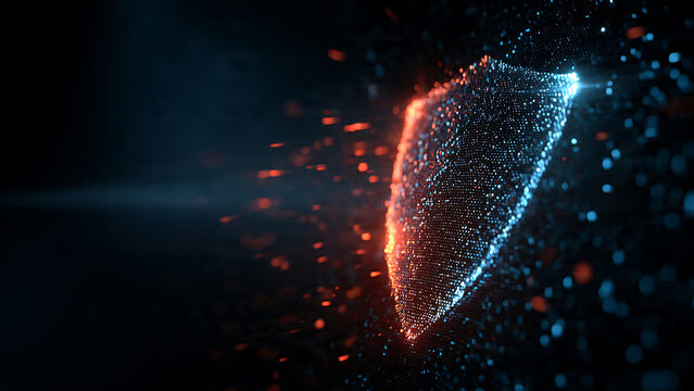 Glowing digital shield icon protecting sensitive data in a dark, abstract cybersecurity environment, symbolizing advanced network defense and technological resilience