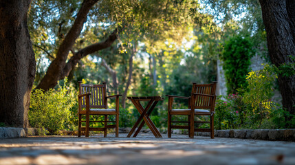 Two wooden chairs and a folding table sitting in a quiet, green garden, inviting relaxation and peaceful contemplation
