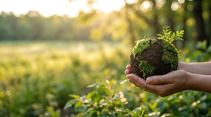 Woman holding small ball of earth with moss plants shaped like continent for Earth day. Ecology and environmental protection