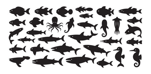 Ocean predators and fish silhouette collection featuring sharks octopus seahorse and aquatic life © FARJANAAKTER