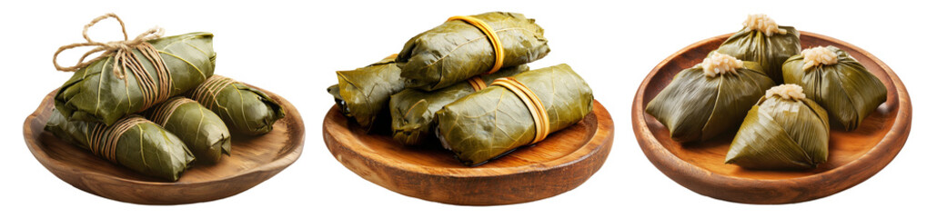 Venezuelan tamales wrapped in corn husk, tied with rustic rope, isolated on white background, representing South American cuisine