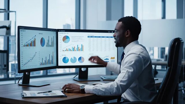 Black male financial analyst working on dual monitors in a modern corporate office. Professional trader analyzing market data charts and investment statistics for growth