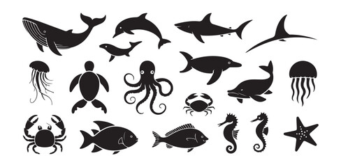 Group of simple black vector icons showing various cute ocean creatures for kids designs © FARJANAAKTER