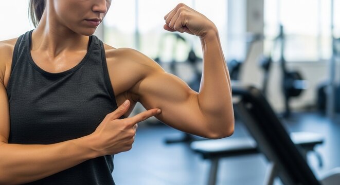 Fit athletic woman showing biceps and pointing at muscle in gym. Strong female bodybuilder training in fitness club. Sporty girl flexing arm muscles. Healthy lifestyle and workout concept.