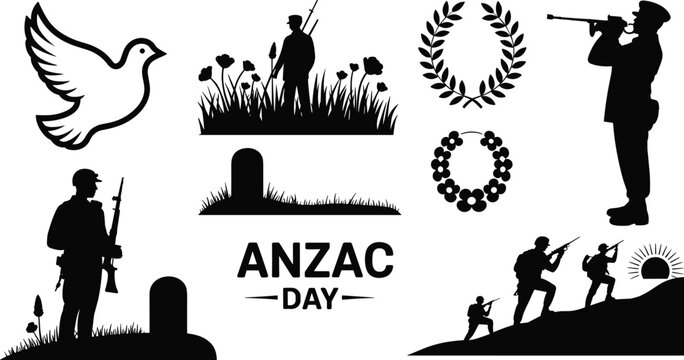 Black and white silhouettes of soldiers and symbols for anzac day