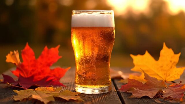 A cold glass of foamy lager beer on a rustic table with colorful autumn leaves. Seasonal craft ale for an oktoberfest celebration or fall harvest festival promotion at sunset
