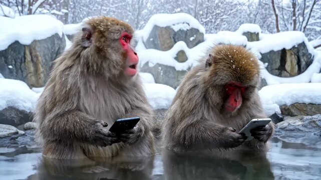 Japanese snow monkey using a smartphone while relaxing in a hot spring onsen. Humorous concept of technology addiction and modern animal behavior in a winter landscape