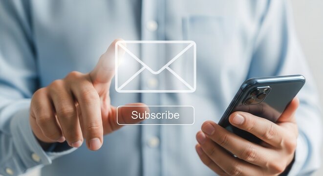 Professional businessman touching glowing subscribe email icon. Newsletter subscription, digital mailing service, online marketing campaign and business communication concept.