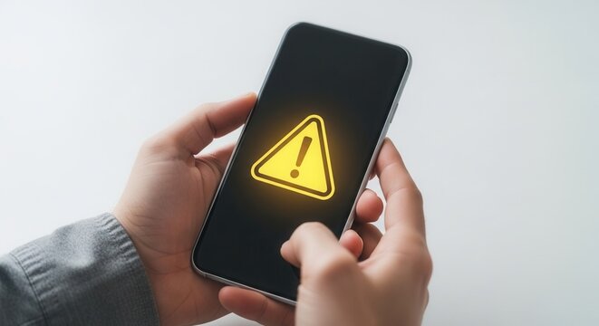 Male hands holding smartphone with yellow warning triangle notification on screen. Security alert, system error, data breach risk, cyber security concept and mobile software bug.