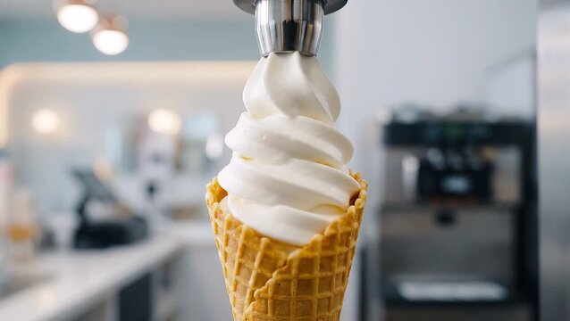 Close-up of a soft-serve ice cream machine dispensing vanilla ice cream into a waffle cone in a bright dessert shop.