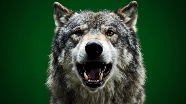A dramatic wolf head howling directly towards the viewer, isolated on solid green background transparency, dark fantasy, danger