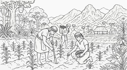 Obraz premium Coloring page for children - Mayan farmers planting corn in a tropical field
