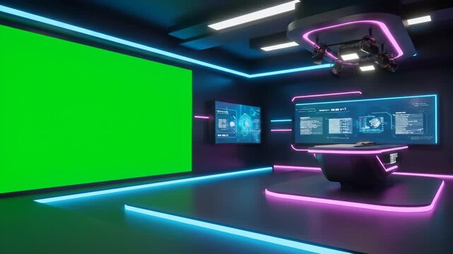 Futuristic virtual news studio with a large green screen for broadcasting. Modern television set featuring glowing neon lights and a central anchor desk for live streaming events
