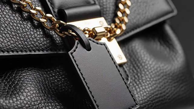 Luxury black leather bag detail with gold chain and tag
