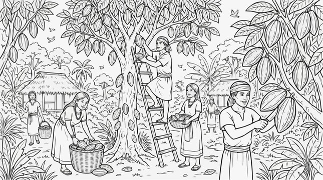 Coloring page for children - Mayan people harvest cocoa beans from tropical trees