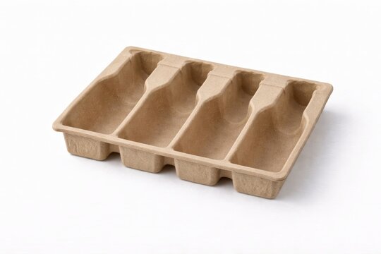 blank molded pulp bottle tray isolated on white with wide copy space and elegant sustainable packaging form