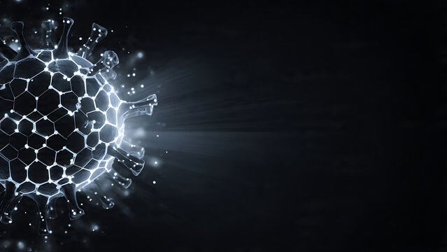 Digital virus infection abstract glowing virus model on a dark background with light rays