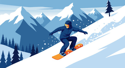 Snowboarding Adventure Vector Illustration of a Person Riding a Snowboard Down a Snowy Mountain Slope with Trees and Peaks © Purnomo
