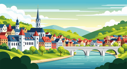 Naklejka premium Charming European Village Riverside Scenery Vector Illustration of a Quaint Town with a Bridge and Lush Green Hills