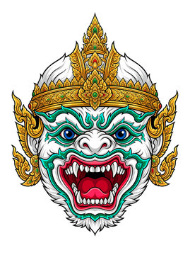 Exotic Traditional Thai Khon Mask Hanuman Monkey Warrior Illustration