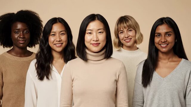 A diverse group of beautiful multiethnic adult women smiling together in a panoramic composition. Concept of female empowerment, sisterhood, and racial inclusivity