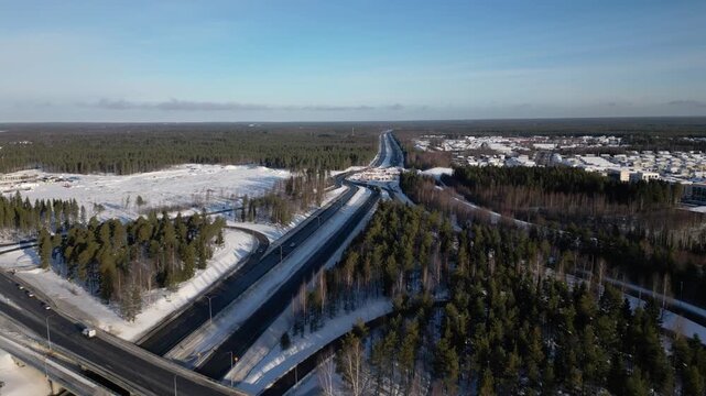 Aerial view of a highway with roadwork detour, Oulu Finland