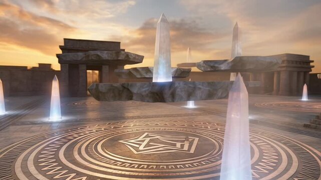 Aztec Fantasy Temple with Floating Obelisks and Intricate Stone Carvings at Sunset