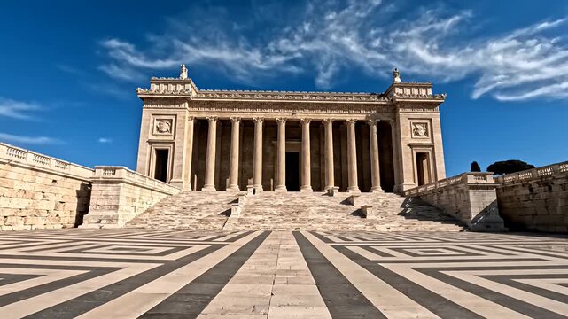 Walhalla Memorial building with columns and patterned plaza under blue sky