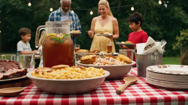 Multi-generational family enjoying a summer barbecue celebration. A festive table with smoked brisket, macaroni and cheese, and iced tea for a community gathering event