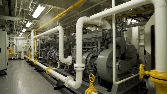 Engine room of a modern vessel with powerful diesel generators. Complex system of pipes valves and control panels for marine propulsion and power generation