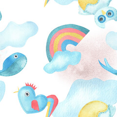 Watercolor multicolored seamless pattern rainbow, clouds, cute toy whale, cockerel and owl. Hand drawn nursery illustration suitable for children decor, textiles, wallpaper and playful prints © Tatiana