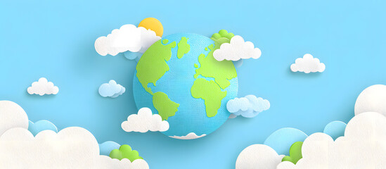 Green Earth With Trees And Clouds Environmental Nature Paper Style Illustration