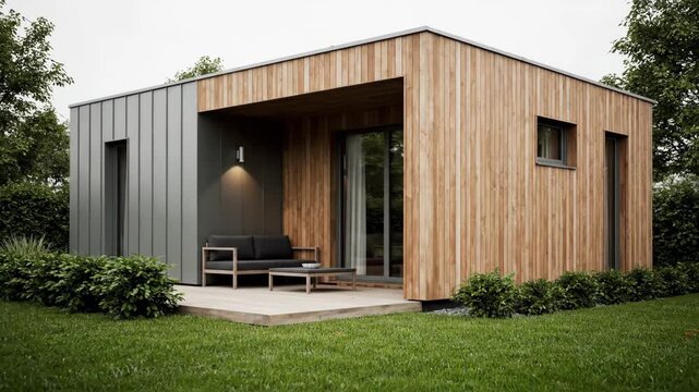 Modern minimalist house with wood and metal siding in a lush green garden. Exterior of a contemporary tiny home with a patio and outdoor furniture for relaxation and living